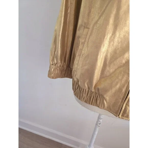 St John Gold Metallic Lambs Leather Silk 80s Retro Shimmer Bomber Zip Jacket M
